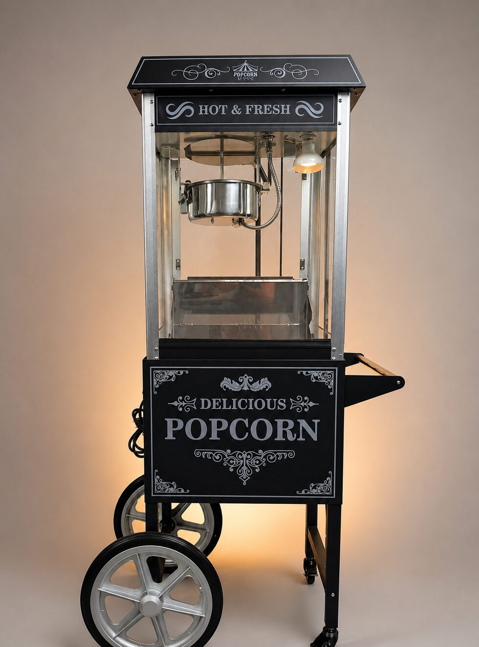 Retro-Popcornwagen von The Popcorn Lab mit der Aufschrift Delicious Popcorn
